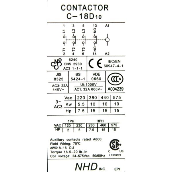 NHD AC Contactor 480V 1A C-18D10N7 